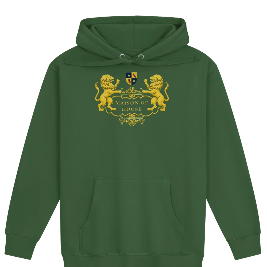 Maison of House Crest Hoodie in forest green with the gold crest on the chest