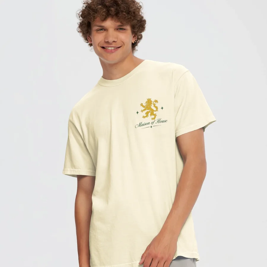 Maison of House Lion Tee in cream, small gold lion on the chest